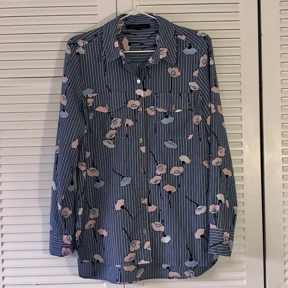Tommy Hilfiger Button Down Shirt - Blue White Stripes Pink Blue Floral - Small